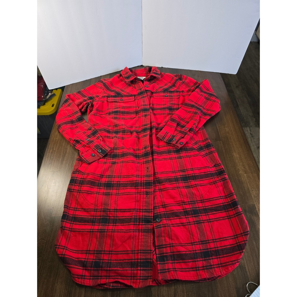Duluth Trading Co Red Black Plaid Flannel Tunic Shirt Dress Womens Small Pocket